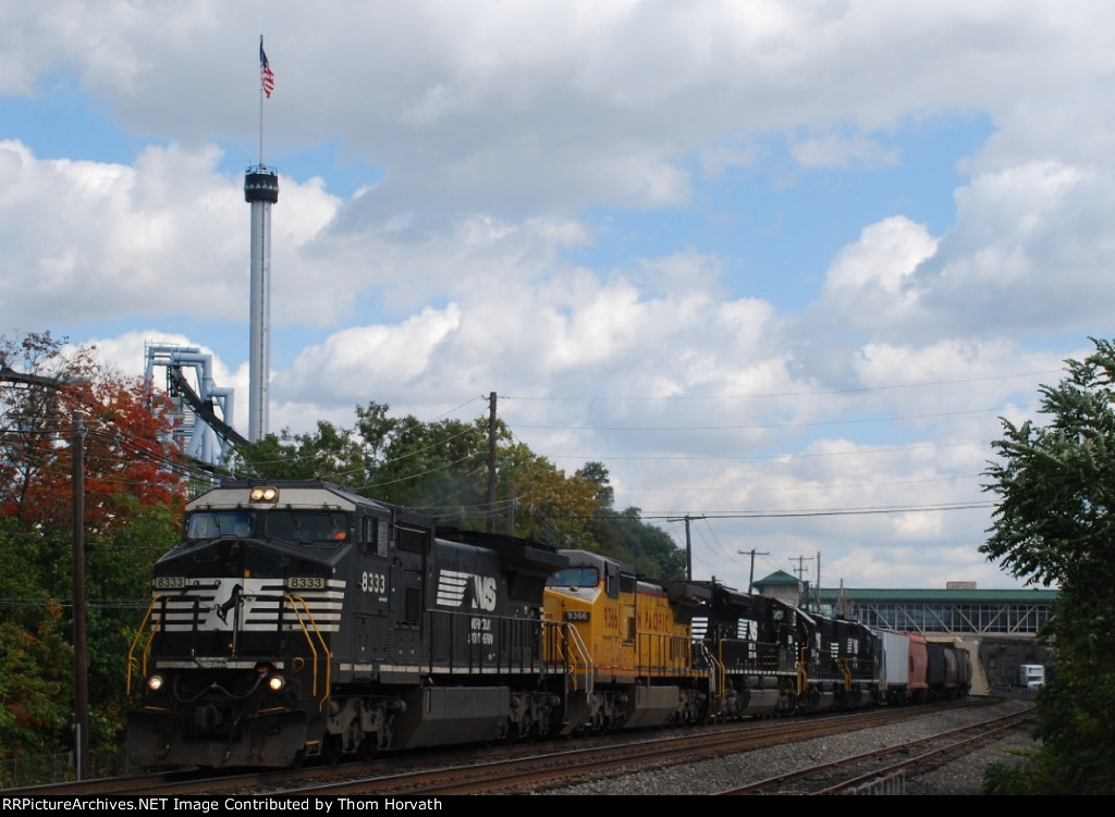NS 33A heads west past Hershey Park's idle roller coasters